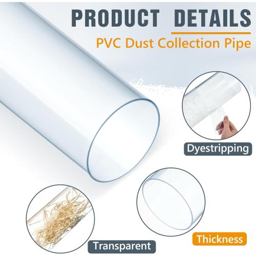 2 Sets Size Large  Dust Collection Clear PVC Pipe  Long Rigid Clear Tube with Rigid Strap Clamp Heavy Duty Unbreakable Plastic Pipe Stainless Steel U Bracket for Dust Collection