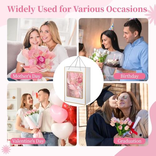 Color Pink Preserved Flowers Bouquet for Women, Eternal Flower Bouquet in Present Box, Real Dried Rose for Valentine's, Birthday, Graduation, Pink-White Mix with Card