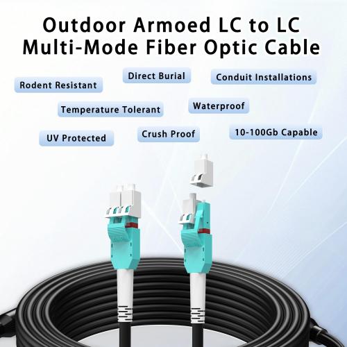 50M/165FT OM3/OM4 LC to LC Outdoor Armored Fiber Optic Patch Cable, Multimode Duplex 50/125μm, 10Gb/40Gb/100Gb, Industrial TPU Jacket, Direct Burial, Uniboot, MMF, OD 5mm, Pulling Eye Kit Installed