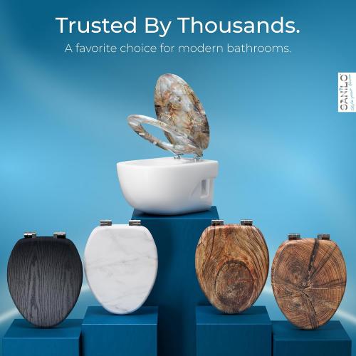 SANILO Wooden Toilet Seat with Soft Close [ELONGATED] - Decorative, Quiet & Slow Close Molded Wood Seat - With Strong Bumpers & Hinges - Adjustable Fit - Marble Brown
