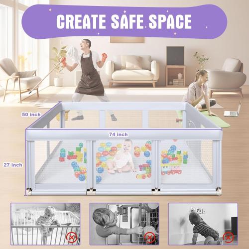 Baby Playpen 74x50 in PlayPen for Babies and Toddlers, Large Play Yards for Indoor & Outdoor with Zipper Gates, Breathable Mesh with Mat