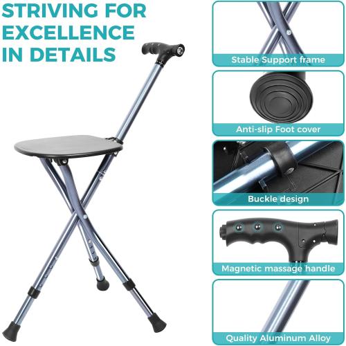 ENLUNTRA Portable Adjustable Folding Walking Cane with Seat and Cushion，Cane seat for Seniors with Magnetic Massage Handle, Lightweight Walking Cane with LED Light，Supports up to 330 Pounds