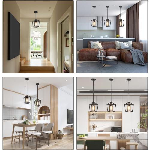 1 Pack Black Pendant Light Fixture Farmhouse Iron Cage Metal Pendant Light Lantern Hanging Light Fixtures with Clear Glass Shade for Kitchen Island, Dining Room, Hallway,Entryway1