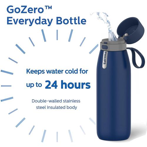 PHILIPS Water Bottle with Filter, Filter Water Bottle Stainless Steel with GoZero Everyday BPA-Free Tap Water Filter, Water Filter Bottle Keep Drink Cold 24 Hours, 1 Filter for 40 gal / 2 Months