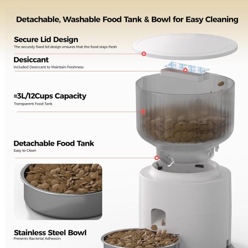 PAPIFEED 3L/13 Cup Automatic Cat Feeder & 3L Water Dispenser, Stainless Steel Bowl, 2.4G WiFi Pet Feeder with APP Control for Remote Feeding, 1-10 Meals Per Day, Detachable for Easy Clean (White Suit)