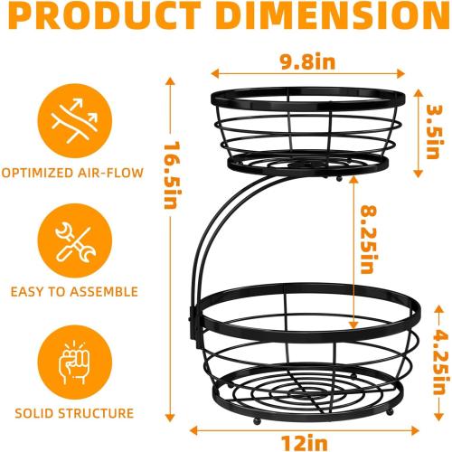 Simple Trending 2 Tier Fruit Basket Bowl for Kitchen Counter, Metal Wire Stackable Vegetable Storage, Black
