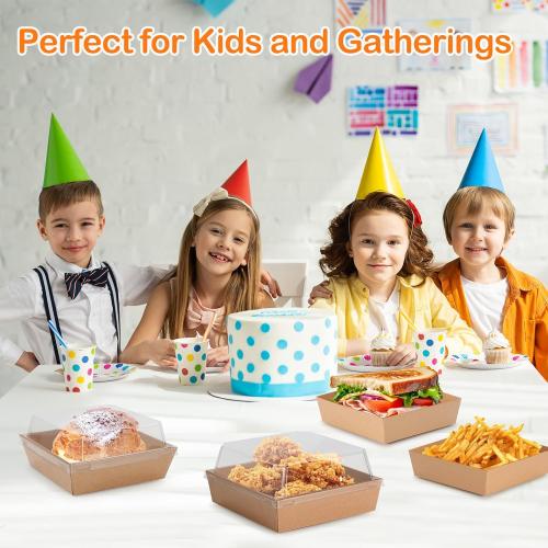 Mini Charcuterie Boxes with Clear Lids 50 Pack, 4.5x4.5 Inches Paper Bakery Boxes Square Disposable Dessert Boxes to Go Food Containers for Daughter, Wedding, Party, Strawberries, Cake & Cookies