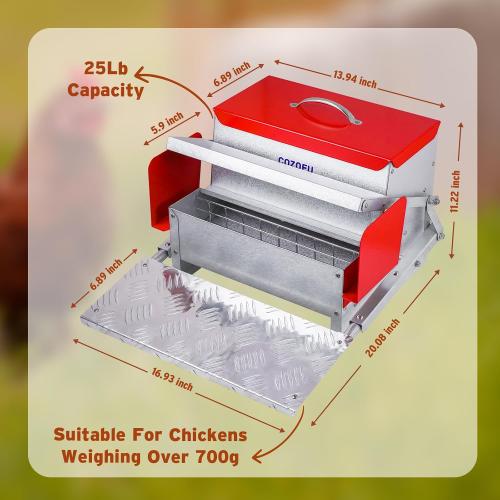 Feeders Automatic Chicken Feeder - Large Capacity for 6-12 Chickens, Lasts 10 Days (25lb Feed), Durable Galvanized Steel, Rat-Proof, No-Spill, Weatherproof Lid