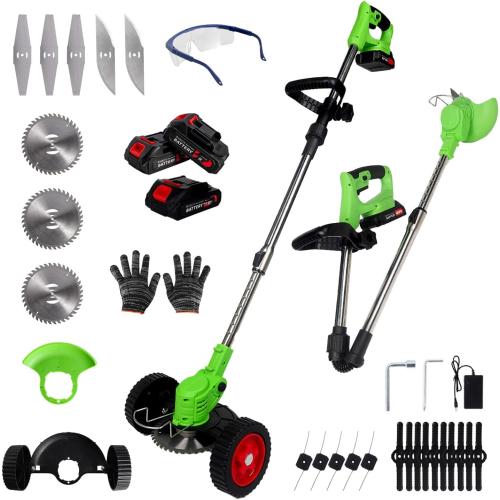 Electric Weed Wacker Cordless Eater 3 Battery,Foldable and Lightweight Grass Trimmer/Brush Cutter,5 Types Blade&Wheels 21V 2.0Ah Battery (3 Pieces) Powered for Garden and Yard (Foldable)