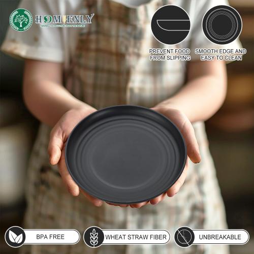 Homienly Black Small Plates | 5.7 Unbreakable Melamine Appetizer & Dessert Plates, Chic Wheat Straw Salad Plates | For Sushi, Cocktails, Bread & Side Dishes -Set of 8, Black