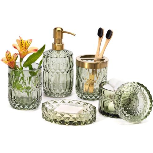EMPO 6PCS Bathroom Clear Glass Accessories Set (Lotion Soap Dispenser, Soap Dish, Toothbrush Holder, Tumbler, Cotton Swab Jar), Contemporary Modern Decor Crystal Vintage Gift (6pcs Green)