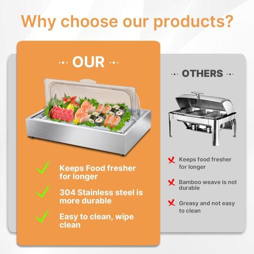 Ice Food Serving Display Tray, Cold Serving Plate with Clear Roll Top, 5QT Stainless Steel Food Serving Tray, Cooling Food Dishes Display Plate for Home, Buffet, Restaurant, Hotel and Party