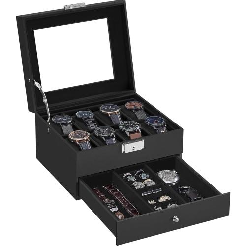 SONGMICS Watch Box, 8-Slot Watch Case Organizer with Large Glass Lid, 2 Layers, Removable Pillows, Metal Lock, Gift for Loved Ones, Black Synthetic Leather, Christmas Gift, Black Lining UJWB080B01