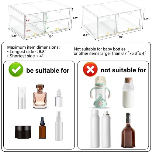 Prsildan Acrylic Drawer Makeup Organizer with 6 Drawers, Set of 2 Office Desk Organizers Accessories, Clear Stackable Storage Drawers for Vanity, Craft, Not for Baby Bottle (Largest Drawer 4 Tall)