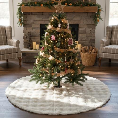 Christmas Tree Skirt 34 Inch Small, Farmhouse Faux Fur Tree Skirt for Christmas Decorations, Rustic Soft and Thin Plush Plain Xmas Tree Cover Mat Fluffy for Holiday Decoration, Ivory White