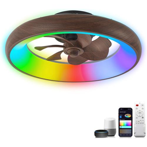Low Profile Ceiling Fans with Lights, Dimmable Smart RGB Ceiling Fan With Alexa/Google Assistant/App/Remote Control, 6-Speeds Reversible Walnut Woodgrain LED Ceiling Fan for Bedroom Kitchen Foyer