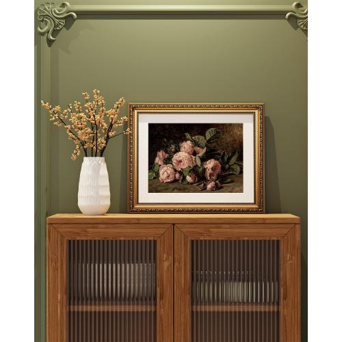 ARPEOTCY Vintage Gold Framed Wall Art, Retro Still life Pink Roses Canvas Prints Artwork with Antique Frame, Victorian Wall Paintings Decor for Living Room Gallery, 13x16 inch