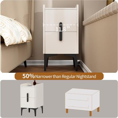 VICITON Narrow Nightstand with 2 Drawers, Narrow Side Table Leather Surface, Slim Bedside Table for Bedrooms, Dormitories, Living Rooms (Cream White, 15.7 D x 11.8 W x 22.4 H)