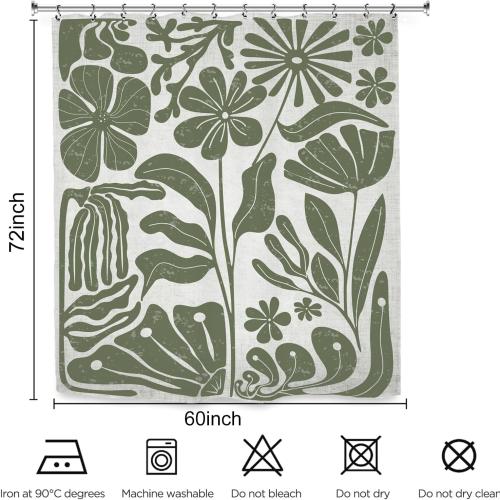 Sage Green Retro Matisse Flower Shower Curtain 60Wx72L Inch Vintage Aesthetic Minimalist Cute Art 70s Trendy Modern Bathroom Set Accessories Decor with 12 Pack Hooks