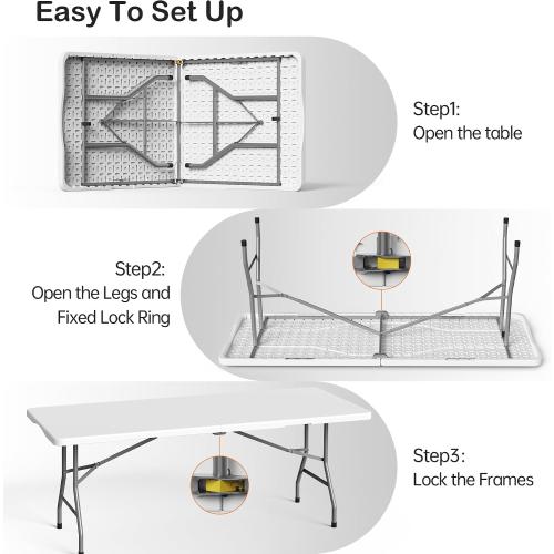 VSOAEIL 6 Foot Folding Table 2 Pack, 6 FT Foldable Plastic Table Heavy Duty | 6 Feet Portable Fold-in-Half Utility Folding Table with Handle for Picnic, Party, Dining, Camping, Indoor & Outdoor, White