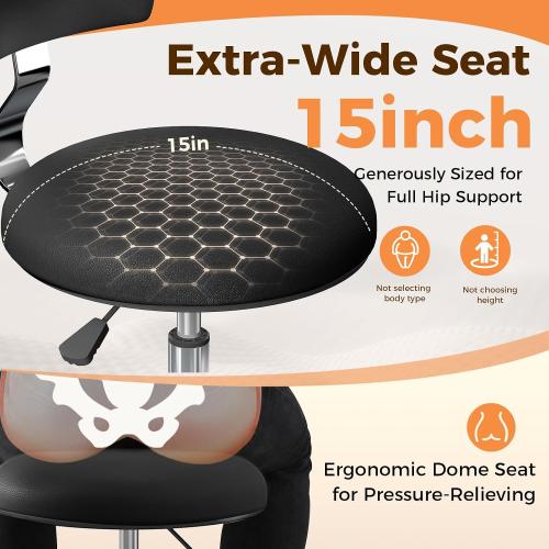 Rolling Stool Chair with Wheels, Office Drafting Chair with Back Support, Height Adjustable Standing Desk Stool with PU Leather Cushion for Home Office Kitchen Vanity Spa Garage Tattoo Dentist, Black