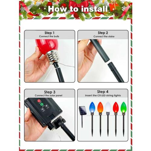 10 Pack Large C9 Christmas Decorations Outdoor Waterproof, Solar C9 Christmas Lights Outdoor with 2 Modes, Solar Pathway Lights for Outside Party Yard Lawn Patio Walkway Xmas Decoration (Multicolor)