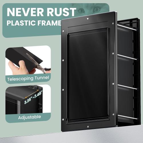 Durable Frame 3-Flap Insulated Wall Dog Door, Extreme Weather Medium Doggie Door for Wall, Never Rust Plastic Wall Pet Door, Telescoping Tunnel, 2 Magnetic Flaps, for Pet Up to 45lb