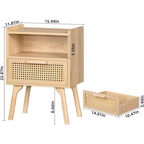 Lerliuo Rattan Nightstand, Boho Side Table with Drawer Open Shelf, Cane Accent Bedside End Table with Solid Wood Legs for Bedroom, Dorm and Small Spaces (Natural)