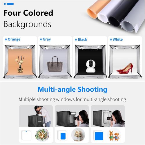 NEEWER Photo Studio Light Box, 16 x 16 Shooting Light Tent with Adjustable Brightness, Foldable and Portable Tabletop Photography Lighting Kit with 80 LED Lights and 4 Colors Backdrops
