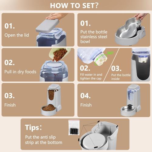 Automatic Cat Feeder and Water Dispenser with Stainless Steel Bowl Dog Gravity Food Feeder and Waterer for Small Medium Pets Puppy Kitten 1 Gallon x 2