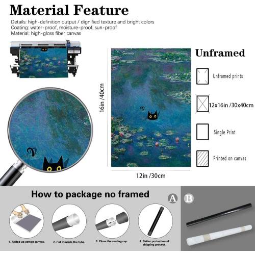 Vintage Monet Canvas Wall Art Famous Oil Paintings Monets Water Lillies Black Cat Poster Funny Cat Floral Print Abstract Farmhouse Gallery Aesthetic Room Decor for Bedroom Bathroom Unframed