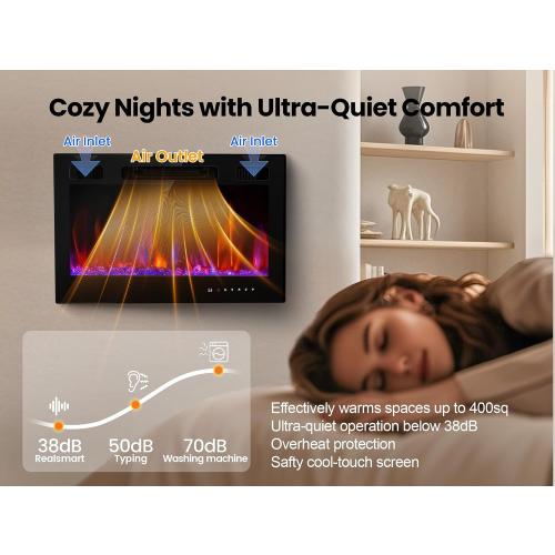 Electric Fireplace Insert 36 Realsmart 1500W Wall Mounted Fireplaces Recessed Heaters Remote Control Slim Black Fireplace Touch Screen Timer 12 Flame Colors LED Decor Low Noise