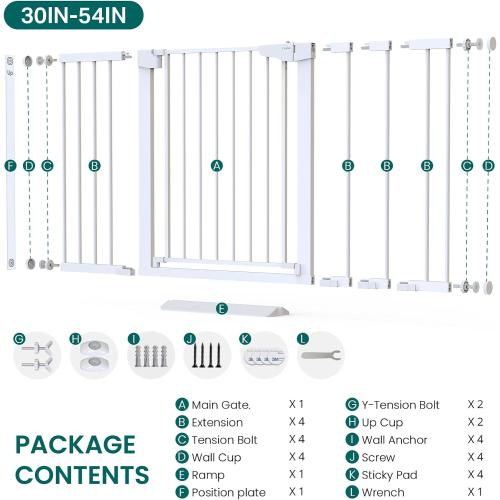Cumbor 36 Extra Tall Baby Gate, 30-54 Wide Dog Gates for Large Dogs, Dual Lock & Self-Closing Child Gate for Stairs, Doorways & Hallways, Pressure Mounted Safety Proofing for Babies & Pets, White