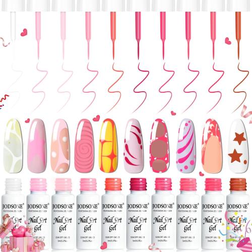 JODSONE 10 Colors Pink Nail Art Gel Liner Set, 5ml Each, Thin Brushes