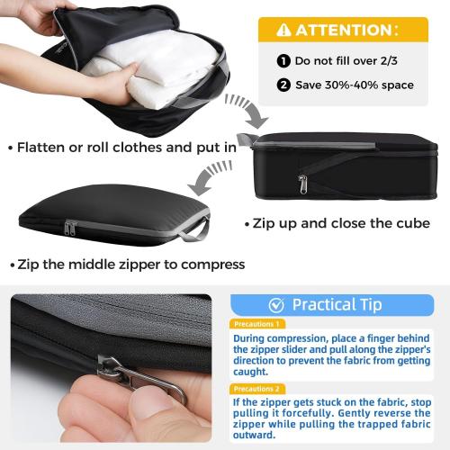 BAGAIL 4 Set/6 Set/8 Set Compression Packing Cubes Travel Accessories Expandable Packing Organizers (Cloth Pattern, 4-Black)