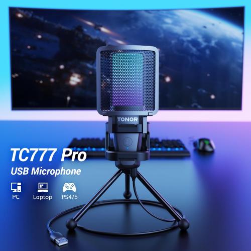 TONOR Gaming USB Microphone for PC, RGB Condenser Computer Mic with Tripod Stand, Quick Mute, Gain Control, for Gaming, Streaming, Podcasting, Recording, Cardioid Mic Kit for Laptop/PS4/PS5 TC777 Pro