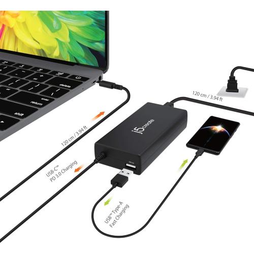 j5create USB Type C PD 100W Fast Charger for MacBook Pro, Chromebook, Laptop, Notebook, Tablet, Android, and iOS Smartphones (JUP2290)
