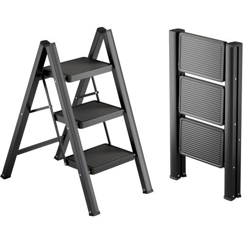 3 Step Ladder,Folding Step Stool with Widen Anti-Slip Pedals,Sturdy Carbon Steel Ladder,Convenient Handrail Heavy Duty,Step Stools for Adults Kitchen (Black Color)