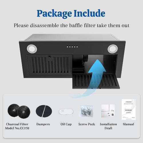 FIREGAS Black Range Hood Insert 30 Inch, 600 CFM Ducted/Ductless Convertible Built-in Kitchen Vent Hood, Stainless Steel Stove Hood with 3 Speed Exhaust Fan & Baffle Filters