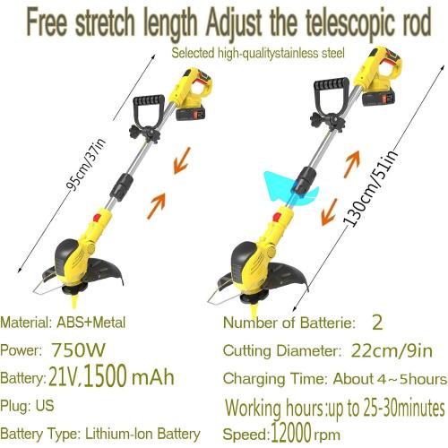 Weed Wacker 21V Cordless Lawn Mower, Electric Weed Wacker with 1 Charger, Weed Eater 2 Li-Ion Batteries with Auto-Feed, Lawn Edger with 2 Mower Spools and 10 Sets of Cutting Blades