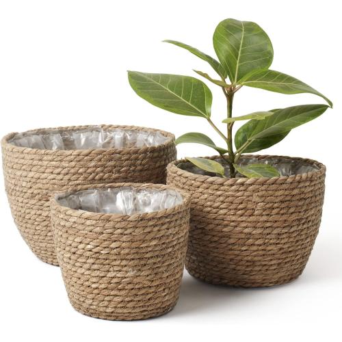 La Jolíe Muse Seagrass Planter Basket Indoor, Flower Pots Cover, Plant Containers, Natural, 3-Pack