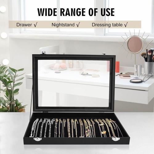 Siveit Premium Necklace Organizer Box - 20 Hooks Jewelry Tray with Transparent Lid - Display Box for Necklaces, Pendants - Suitable for Women and Girls (Black)
