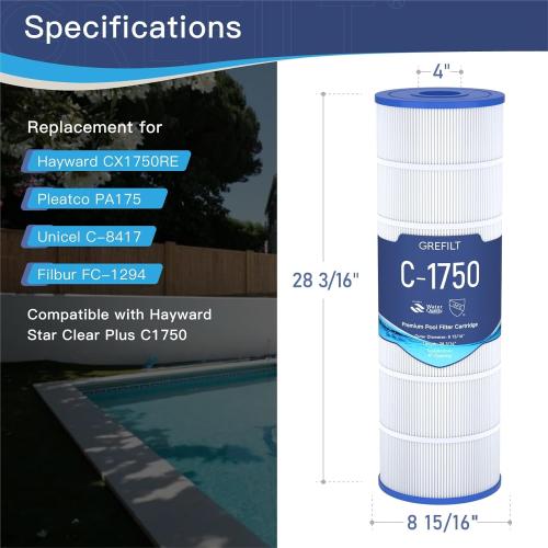 C1750 Pool Filter Cartridge, Compatible with Hayward C1750, CX1750RE, Replacement for Pleatco PA175, Unicel C-8417, Filbur FC-1294, Sta-Rite PXC175, 175 sq.ft, Dimensions: 28 3/16 x 8 15/16