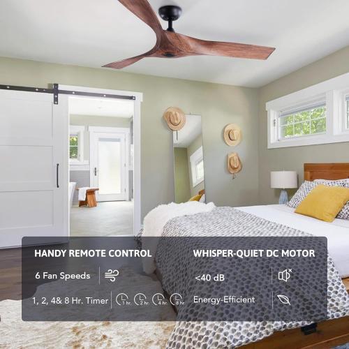 VONLUCE Ceiling Fan No Light, 52 Mid Century Ceiling Fans and Remote Control, 6 Speeds Noiseless DC Motor, 3 ABS Blades, Indoor Ceiling Fan for Kitchen Bedroom Living Room Farmhouse, Walnut