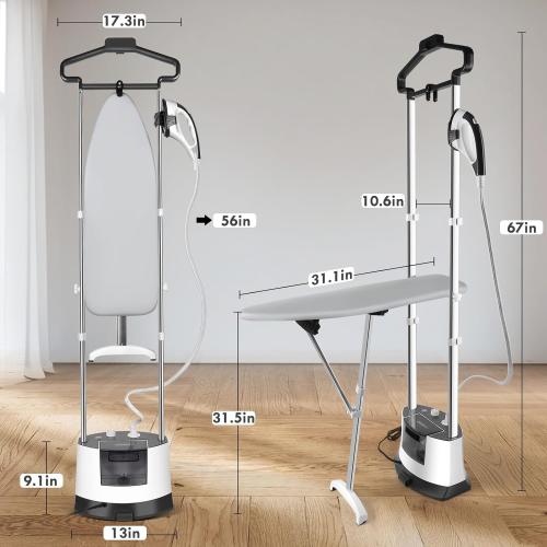 Color White Standing Garment Steamer 1500W Standing Garment Steamer - 30s Fast Heat, 101 fl.oz Detachable Tank, 2 - Level Steam Ironing Board and Clothing Hanger,Adjustment for Flat Hanging & Diagonal Ironing