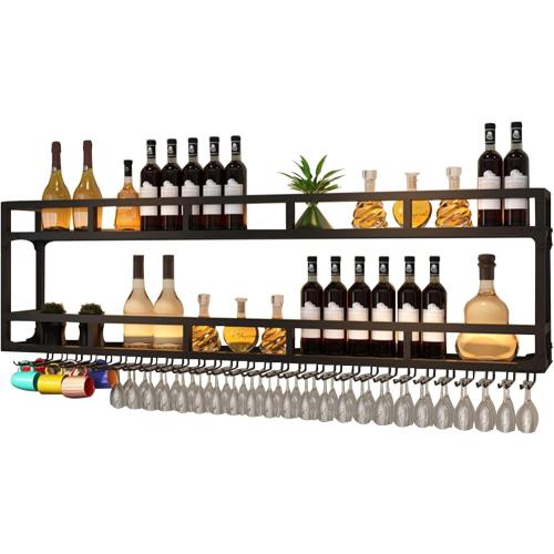 Wall Wine Rack Floating Bar Shelves Wall Mounted with LED Light Liquor Bottle Display Shelf with Hanging Wine Glass Rack Kitchen Wall Shelf Liquor Cabinet Bar Stand for Home Bar Cafe Restaurant(Black,