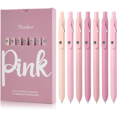 thinkor Pink Gel Pens Black Ink, 7 Pcs 0.5mm Quick Dry Fine Point Smooth Writing Pens, Cute Office School Supplies Gifts for Women Student