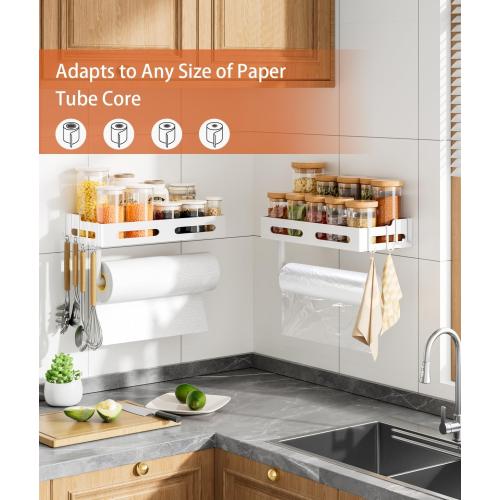 Paper Towel Holder Wall Mount with Shelf, Easy One Hand Tear, Adhesive Glue or Drill Mount Hanging Paper Towel Holder with Shelf for Kitchen/Bathroom/RV, White Metal, 4 Hooks