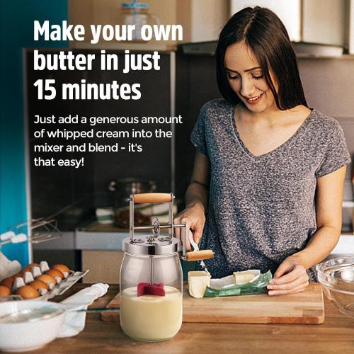 Butter Churn - Wooden Handle Shakes Stainless Steel Gear Manual Butter Maker, Butter Churner Hand Crank Mason Jar, Baking of Top Gadgets Butter Maker Cream Mixer (51oz)