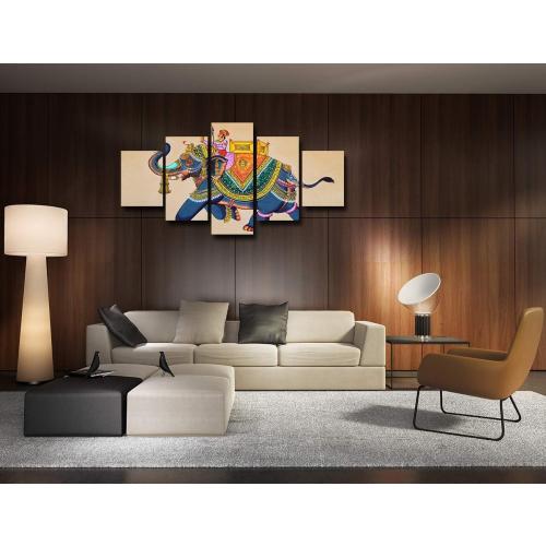 Canvas Wall Art Traditional Indian Elephant Painting Modern Artwork Picture for Wall Living Room Decor Rajasthani Wall Painting Elephant with Jockey Poster Prints Frame Decoration(60''Wx32''H)